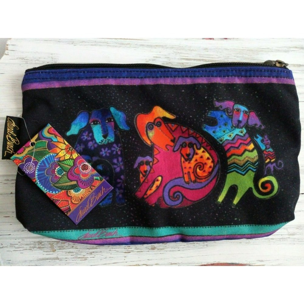 NWT Laurel Burch Dog Print Cosmetic Zip Pouch Makeup Bag Artsy Folk Art